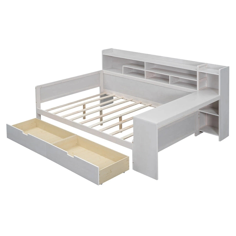Lit de repos double en bois avec étagères de rangement