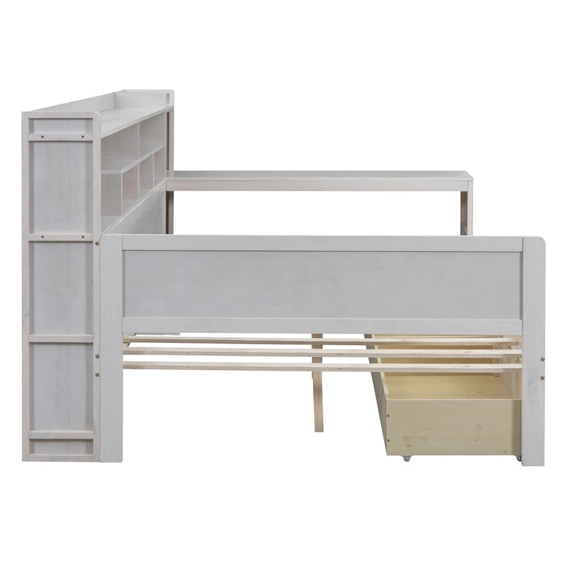 Lit de repos double en bois avec étagères de rangement