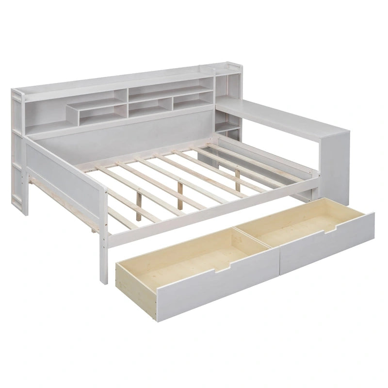 Lit de repos double en bois avec étagères de rangement