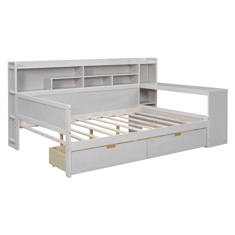 Lit de repos double en bois avec étagères de rangement