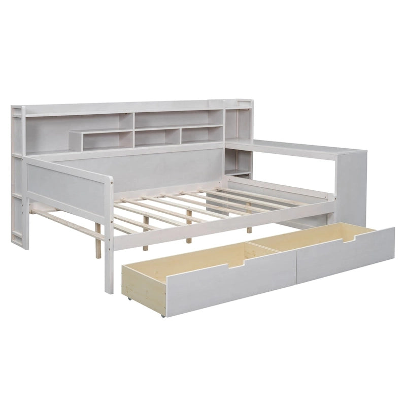 Lit de repos double en bois avec étagères de rangement