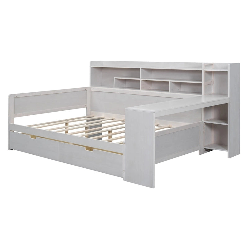 Lit de repos double en bois avec étagères de rangement