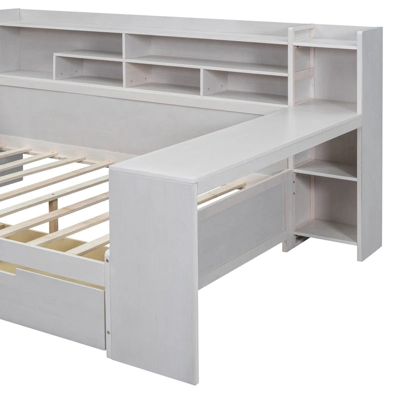 Lit de repos double en bois avec étagères de rangement