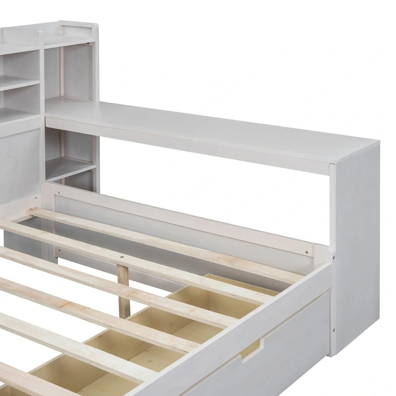 Lit de repos double en bois avec étagères de rangement