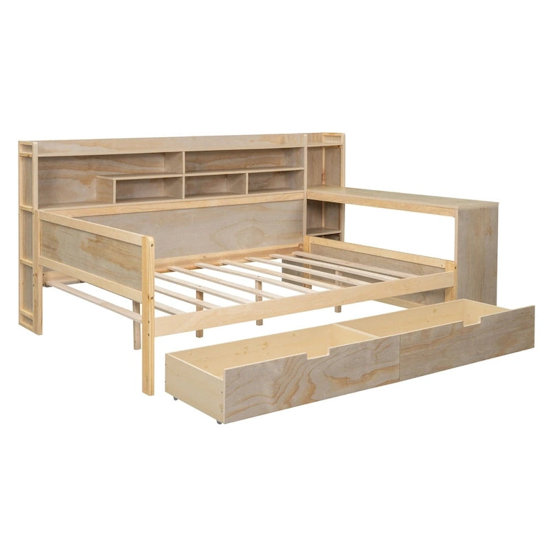 Lit de repos double en bois avec étagères de rangement