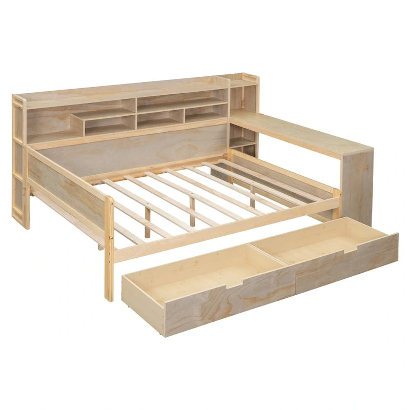 Lit de repos double en bois avec étagères de rangement