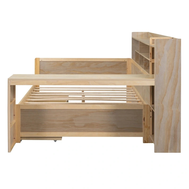 Lit de repos double en bois avec étagères de rangement