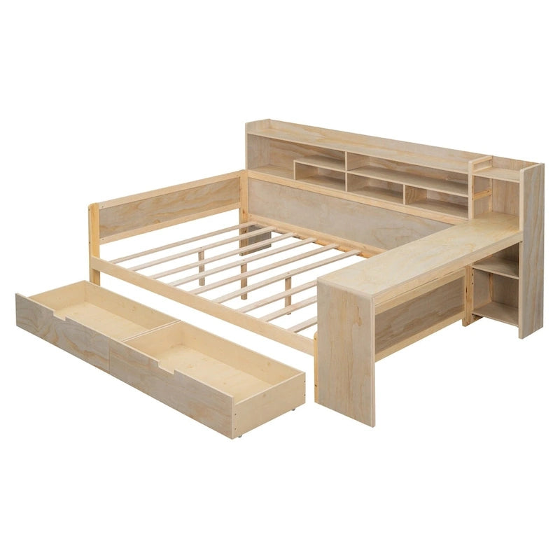 Lit de repos double en bois avec étagères de rangement