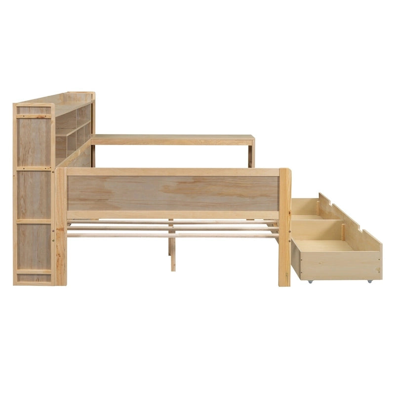 Lit de repos double en bois avec étagères de rangement