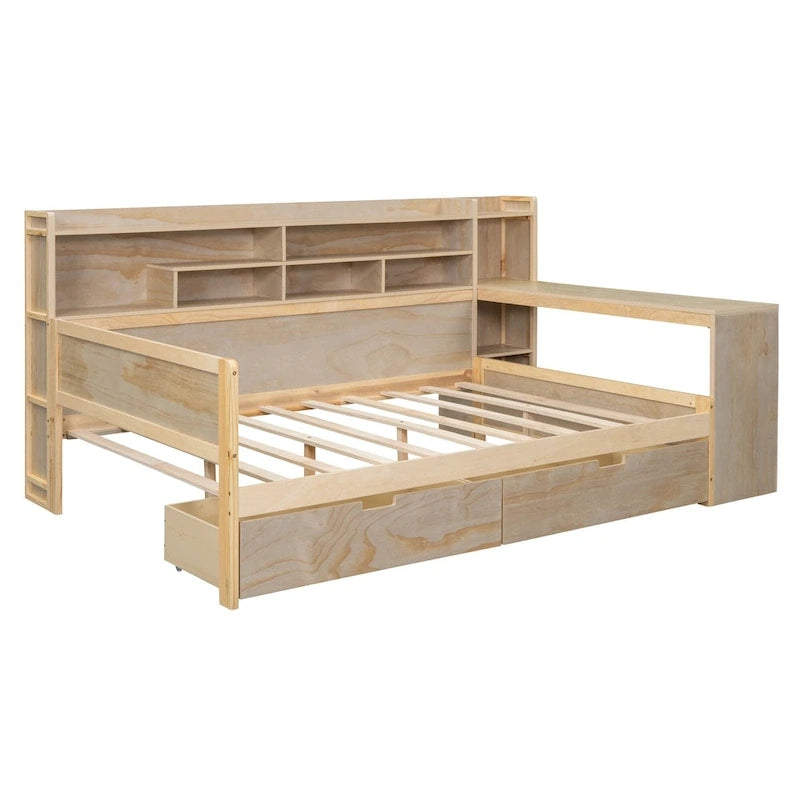 Lit de repos double en bois avec étagères de rangement