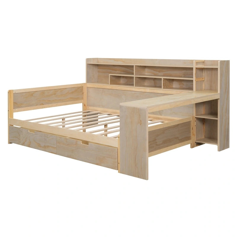 Lit de repos double en bois avec étagères de rangement