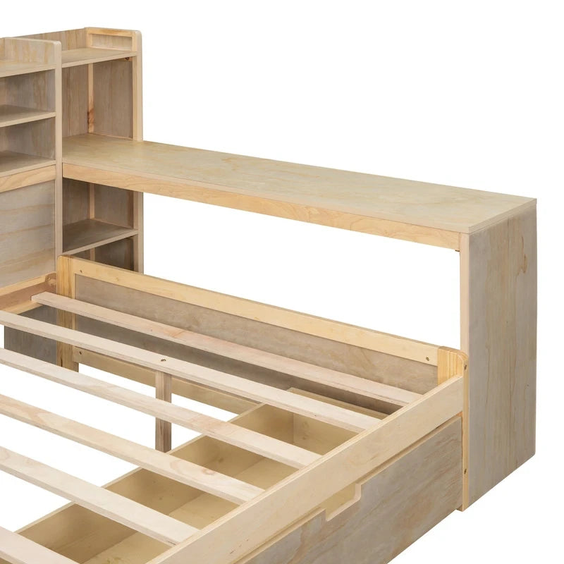 Lit de repos double en bois avec étagères de rangement
