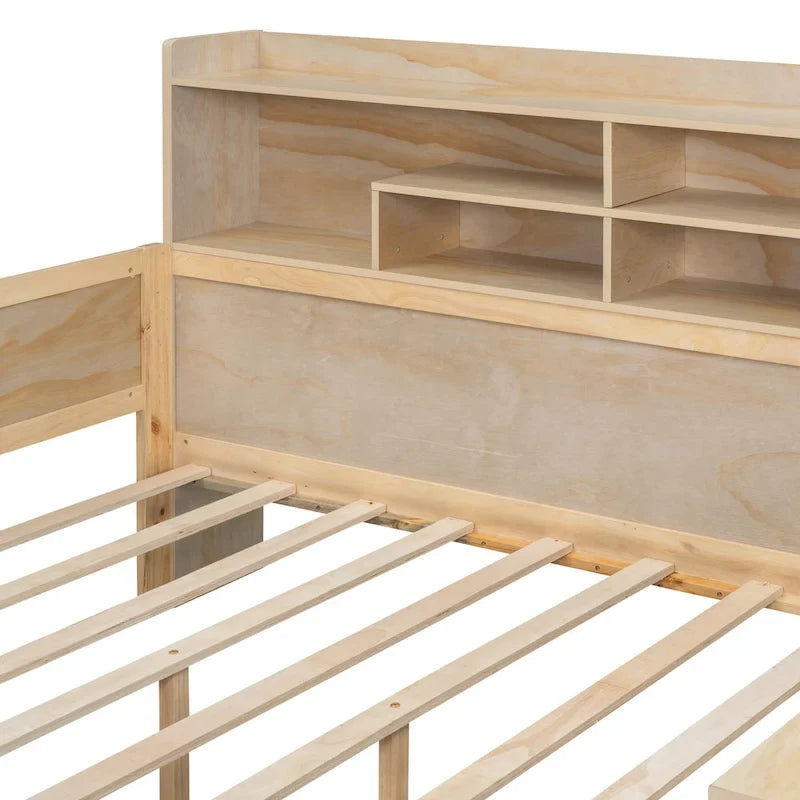 Lit de repos double en bois avec étagères de rangement