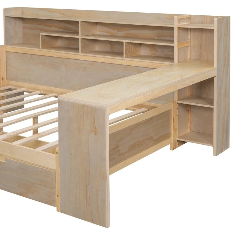 Lit de repos double en bois avec étagères de rangement