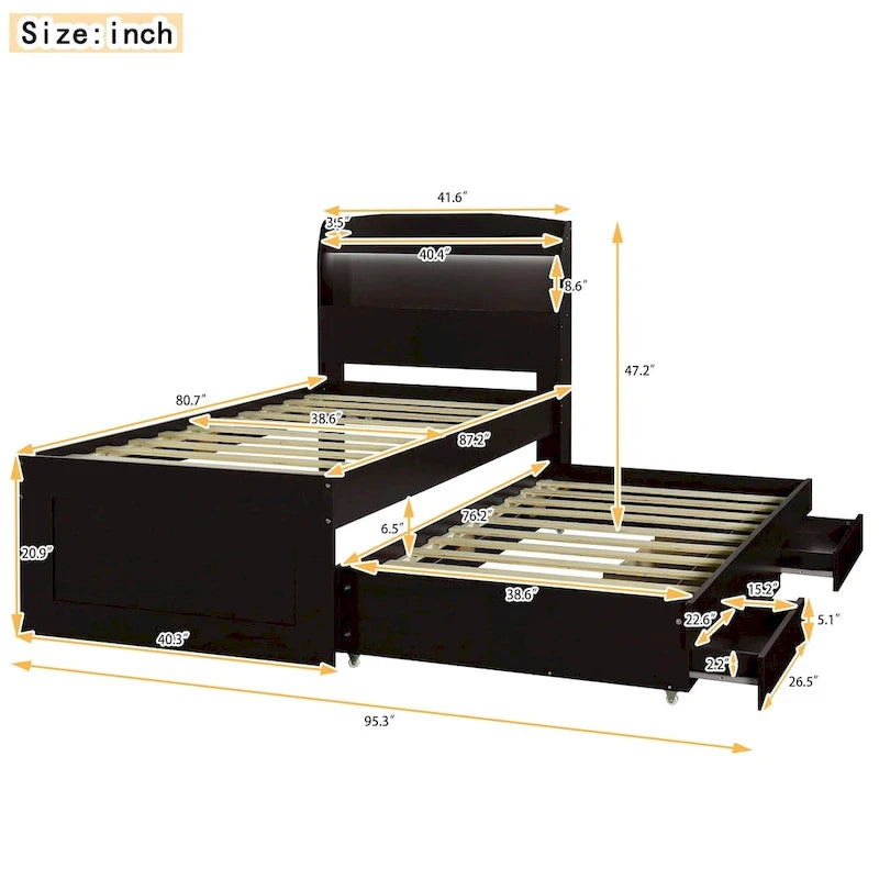 Lit plateforme Twin XL avec rangement et tête de lit LED, station de charge, lit gigogne simple et 2 tiroirs