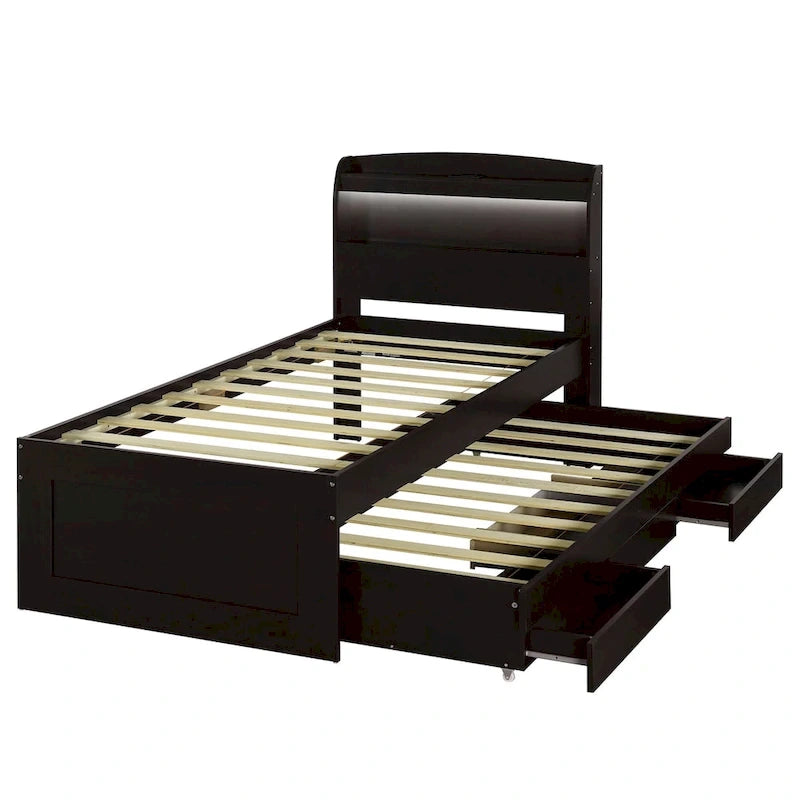 Lit plateforme Twin XL avec rangement et tête de lit LED, station de charge, lit gigogne simple et 2 tiroirs