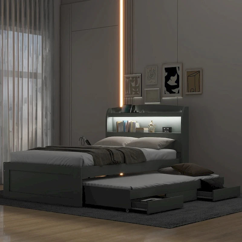 Lit plateforme Twin XL avec rangement et tête de lit LED, station de charge, lit gigogne simple et 2 tiroirs