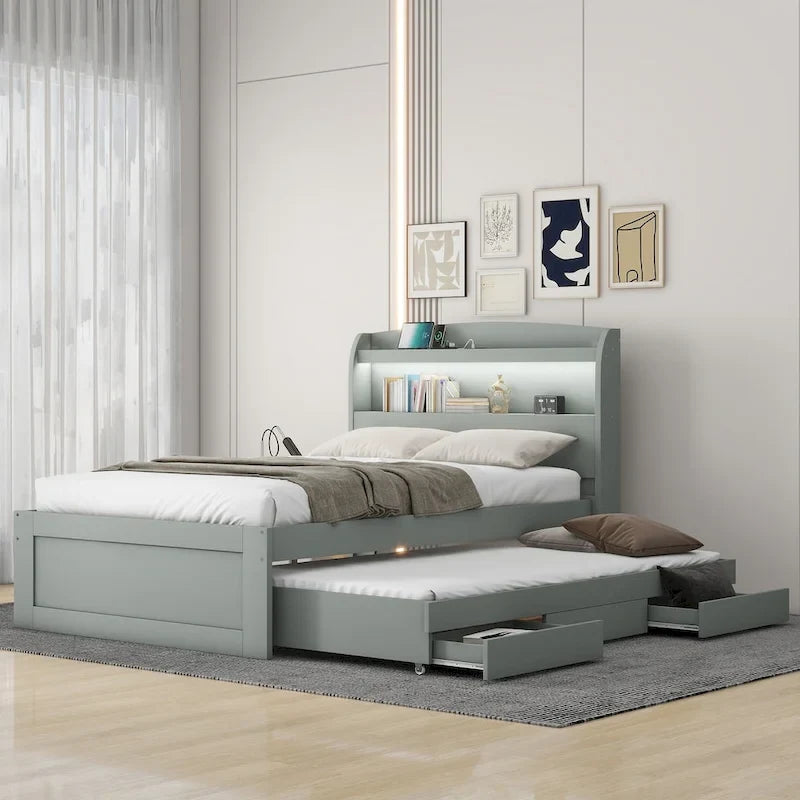 Lit plateforme Twin XL avec rangement et tête de lit LED, station de charge, lit gigogne simple et 2 tiroirs