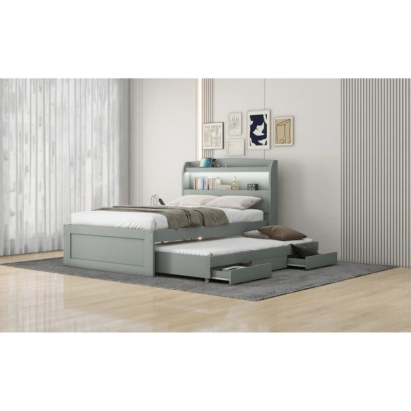 Lit plateforme Twin XL avec rangement et tête de lit LED, station de charge, lit gigogne simple et 2 tiroirs