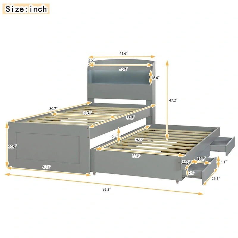 Lit plateforme Twin XL avec rangement et tête de lit LED, station de charge, lit gigogne simple et 2 tiroirs