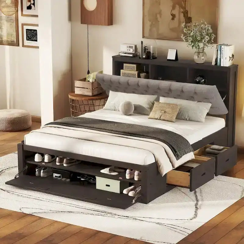 Lit plateforme en bois avec tête de lit de rangement, range-chaussures et 4 tiroirs