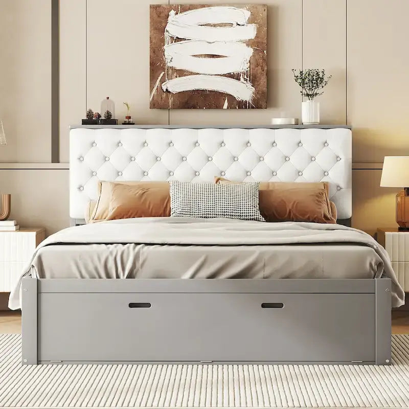 Lit plateforme en bois avec tête de lit de rangement, range-chaussures et 4 tiroirs