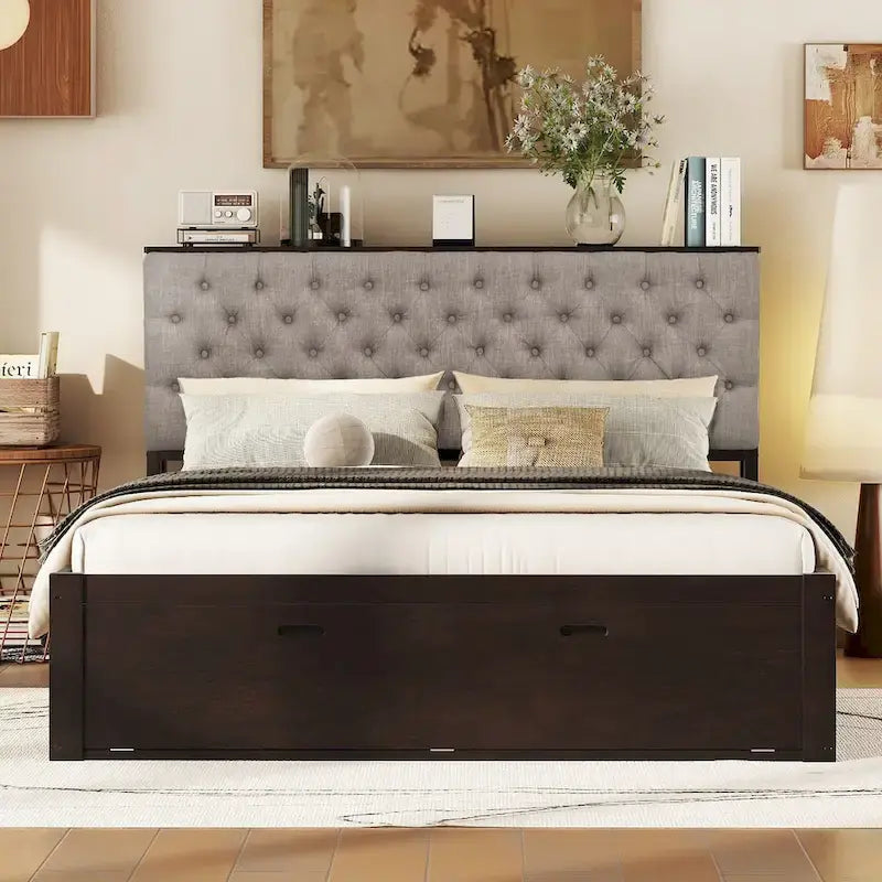 Lit plateforme en bois avec tête de lit de rangement, range-chaussures et 4 tiroirs