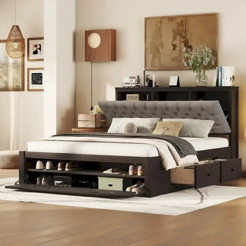 Lit plateforme en bois avec tête de lit de rangement, range-chaussures et 4 tiroirs