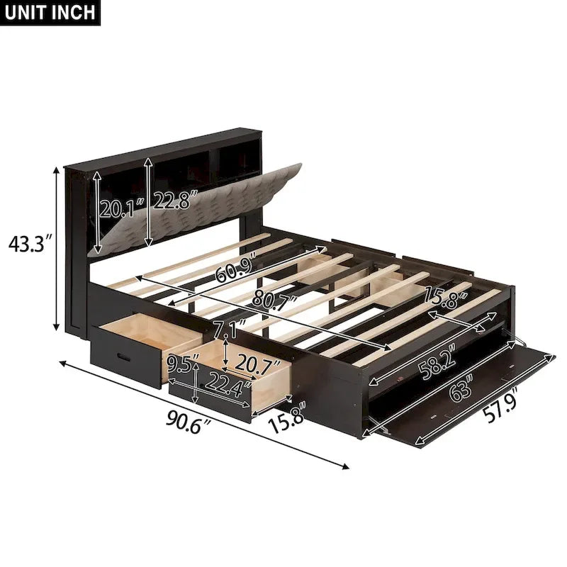 Lit plateforme en bois avec tête de lit de rangement, range-chaussures et 4 tiroirs