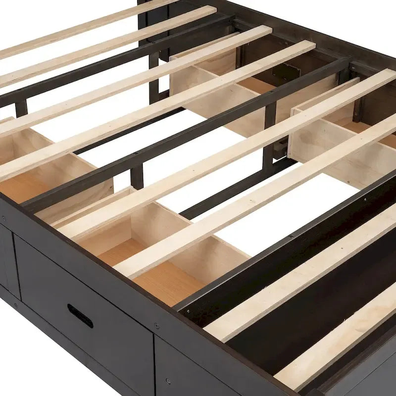 Lit plateforme en bois avec tête de lit de rangement, range-chaussures et 4 tiroirs