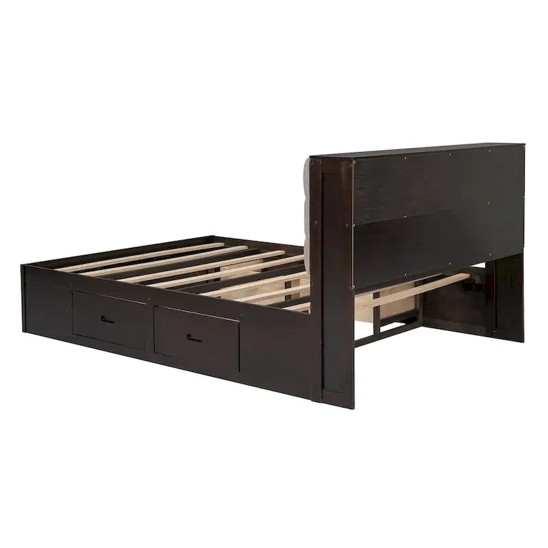 Lit plateforme en bois avec tête de lit de rangement, range-chaussures et 4 tiroirs
