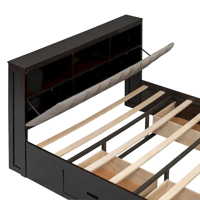 Lit plateforme en bois avec tête de lit de rangement, range-chaussures et 4 tiroirs