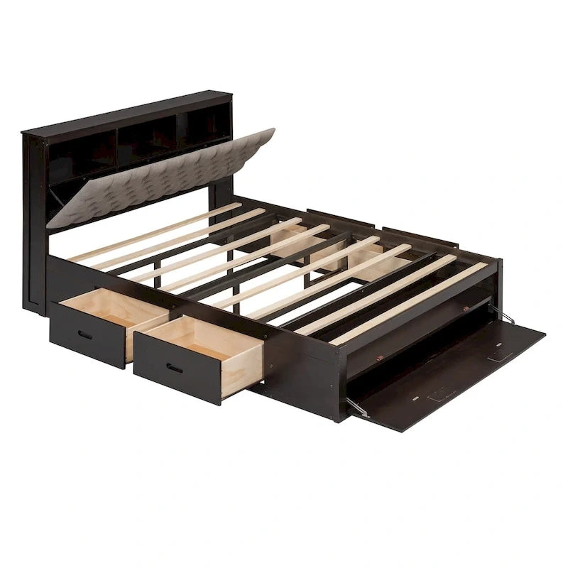 Lit plateforme en bois avec tête de lit de rangement, range-chaussures et 4 tiroirs