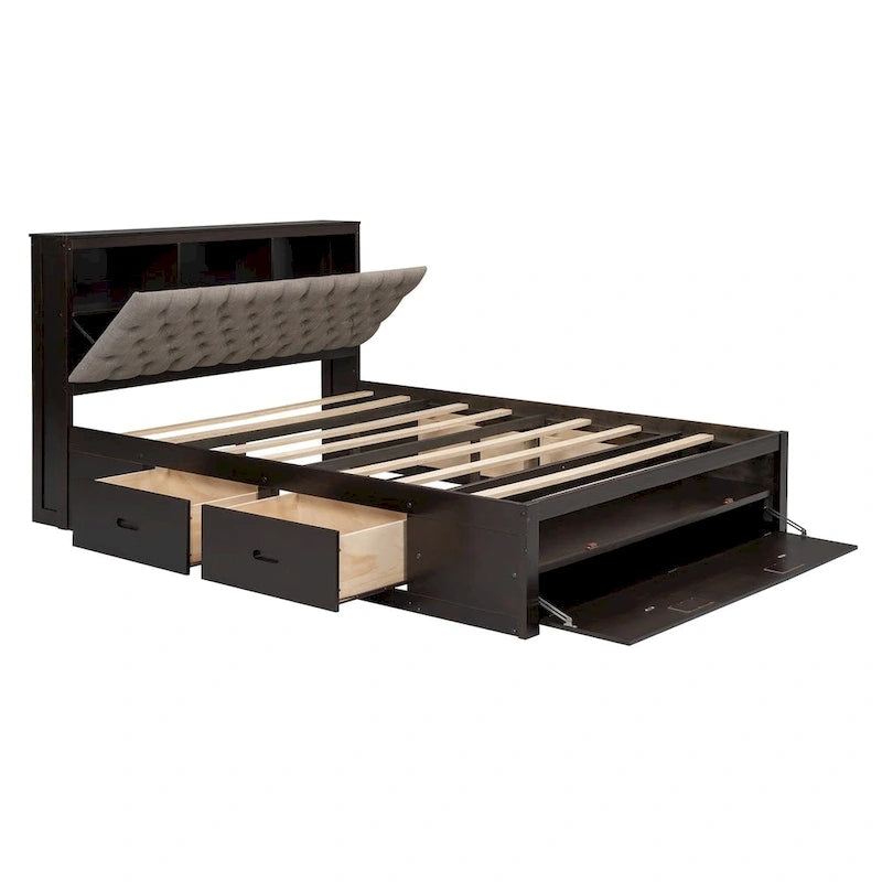 Lit plateforme en bois avec tête de lit de rangement, range-chaussures et 4 tiroirs