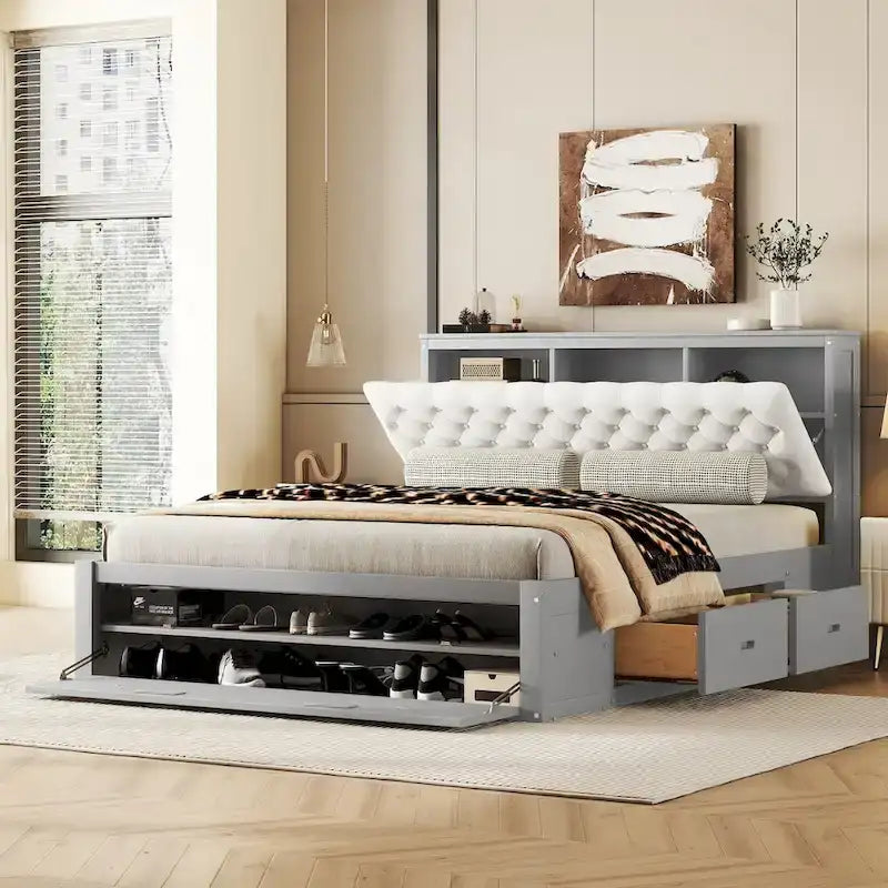 Lit plateforme en bois avec tête de lit de rangement, range-chaussures et 4 tiroirs