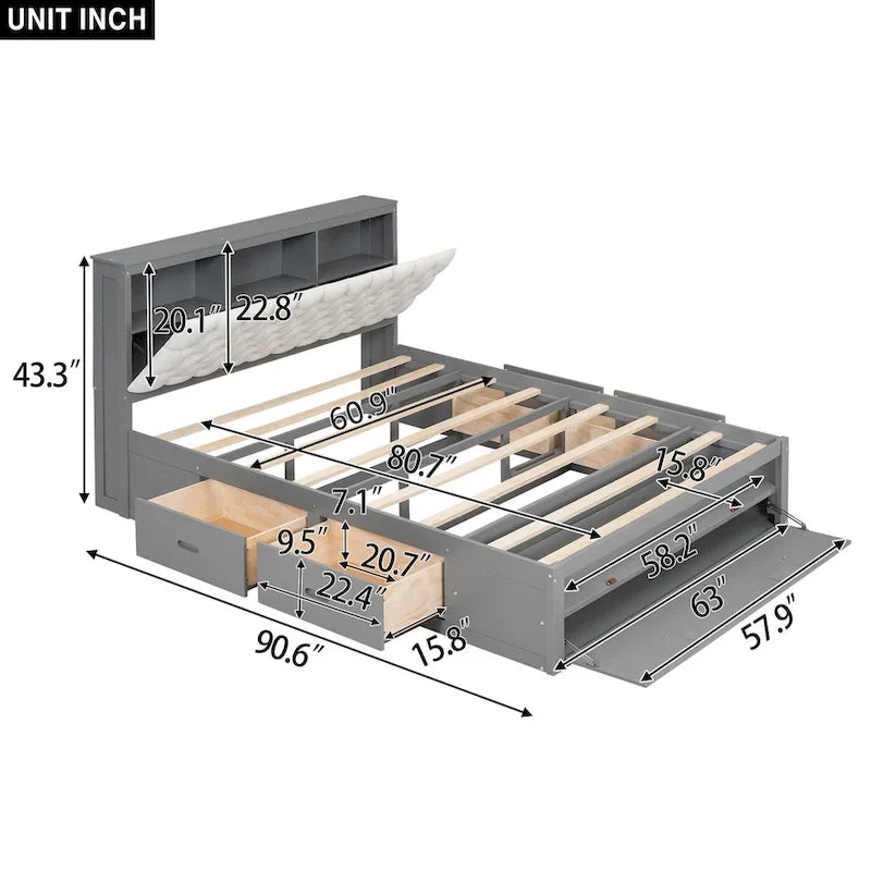 Lit plateforme en bois avec tête de lit de rangement, range-chaussures et 4 tiroirs