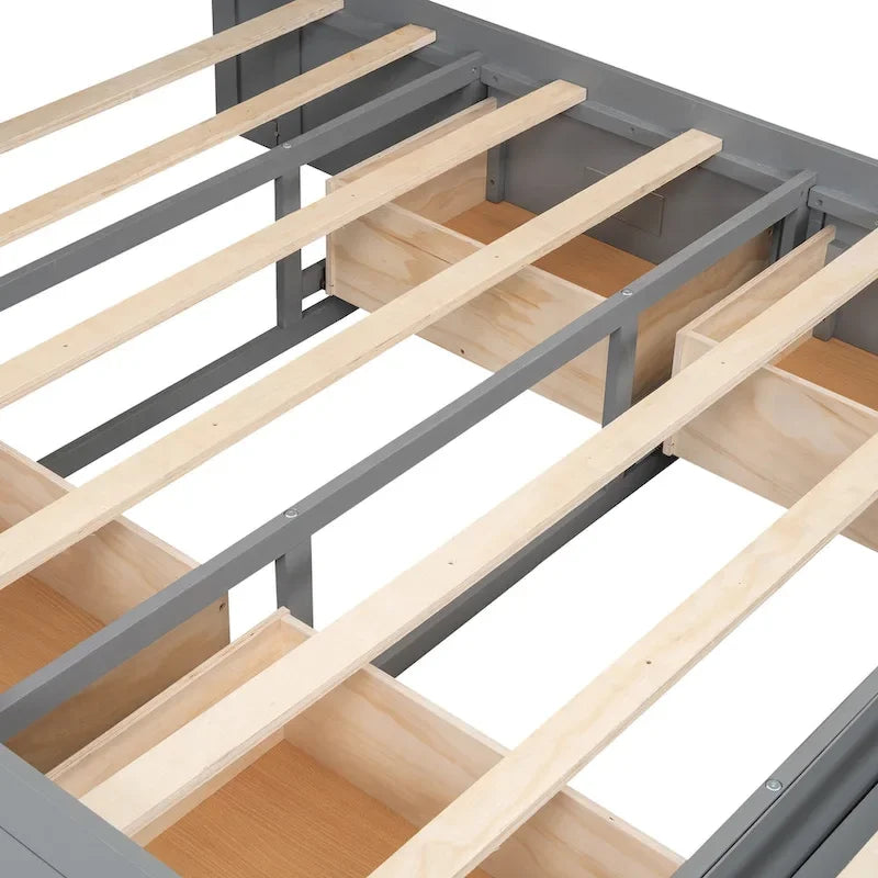 Lit plateforme en bois avec tête de lit de rangement, range-chaussures et 4 tiroirs
