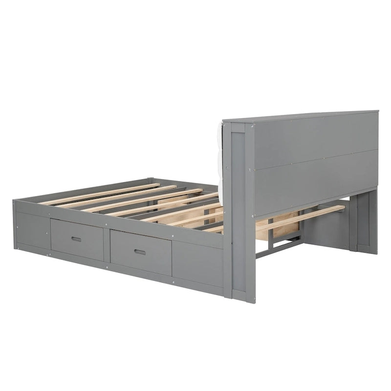 Lit plateforme en bois avec tête de lit de rangement, range-chaussures et 4 tiroirs