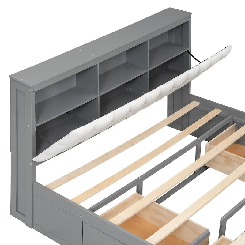 Lit plateforme en bois avec tête de lit de rangement, range-chaussures et 4 tiroirs