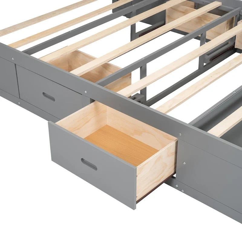 Lit plateforme en bois avec tête de lit de rangement, range-chaussures et 4 tiroirs