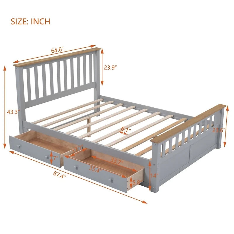 Lit plateforme en bois avec 2 tiroirs et support à lattes en bois