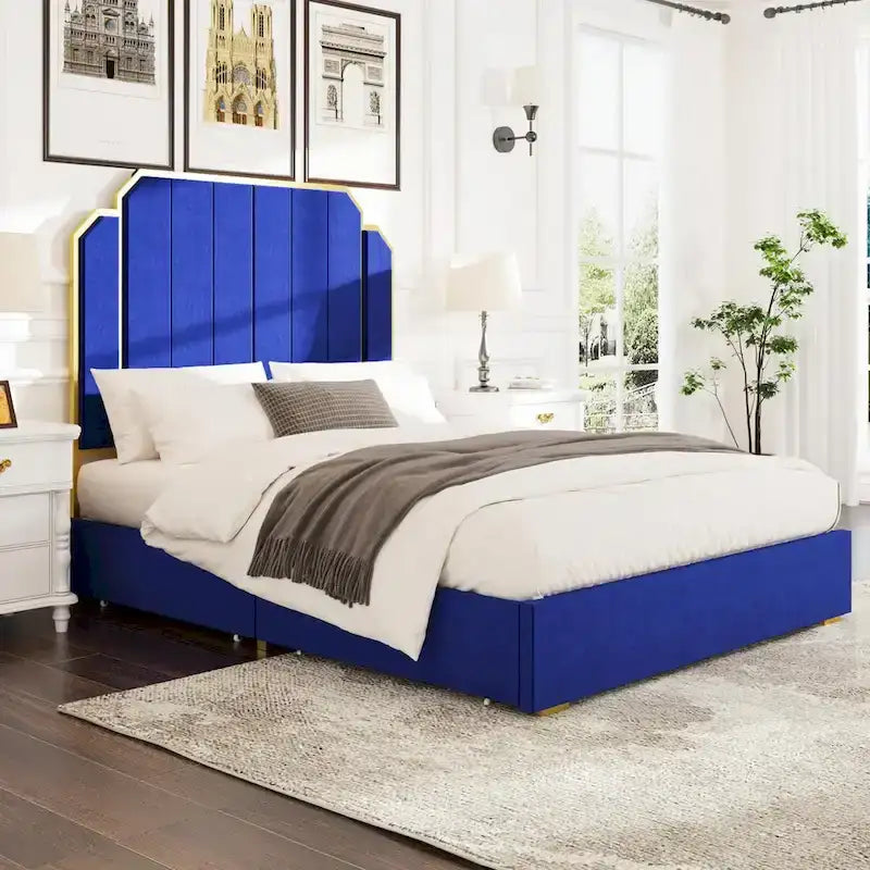 Cadre de lit Queen Size rembourré avec tête de lit de 150 cm et garniture plaquée or