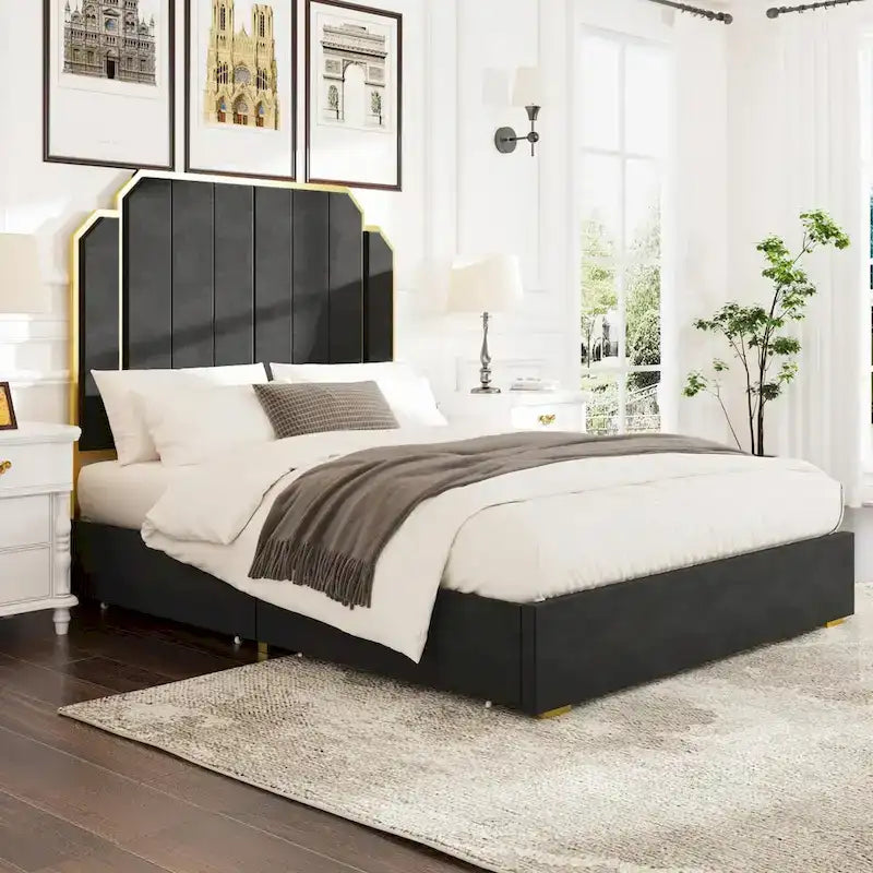 Cadre de lit Queen Size rembourré avec tête de lit de 150 cm et garniture plaquée or