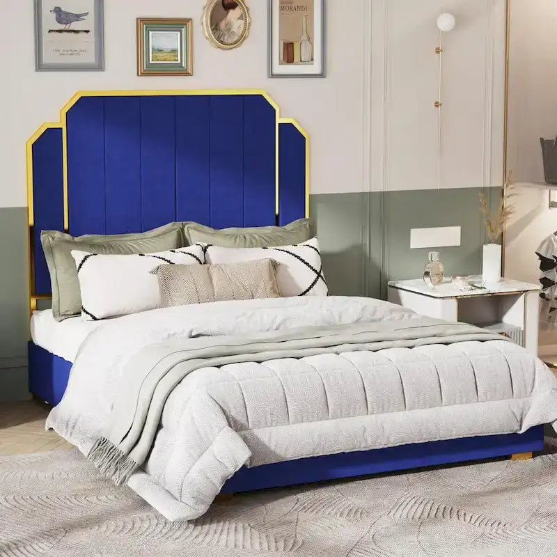 Cadre de lit Queen Size rembourré avec tête de lit de 150 cm et garniture plaquée or