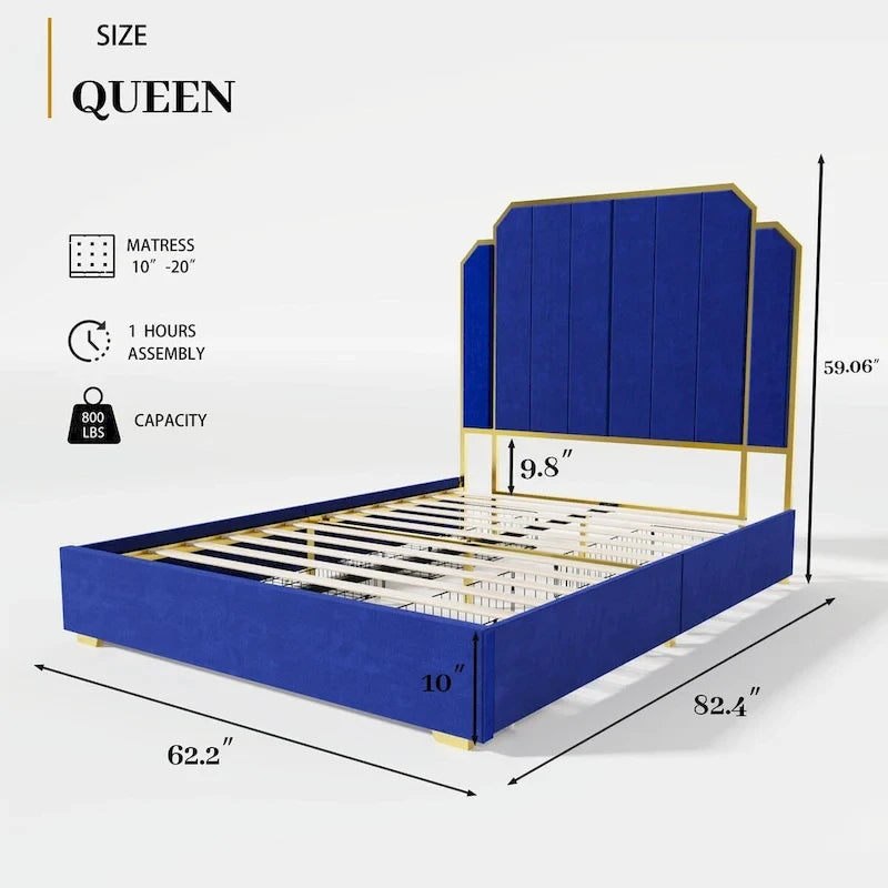 Cadre de lit Queen Size rembourré avec tête de lit de 150 cm et garniture plaquée or