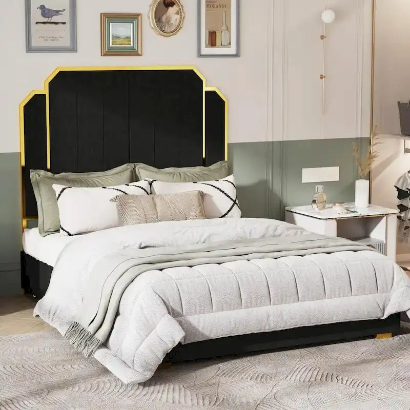 Cadre de lit Queen Size rembourré avec tête de lit de 150 cm et garniture plaquée or
