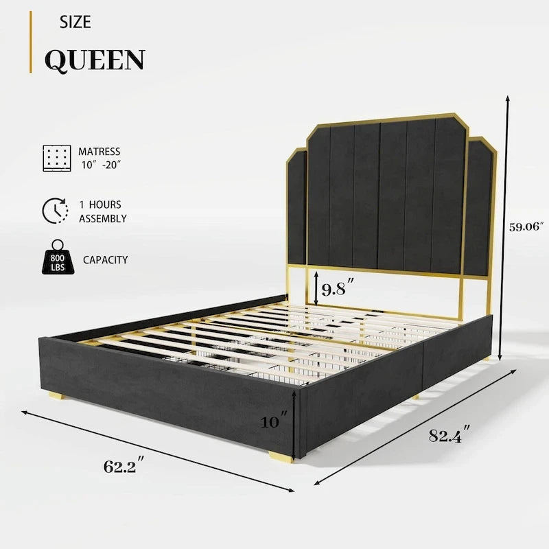 Cadre de lit Queen Size rembourré avec tête de lit de 150 cm et garniture plaquée or