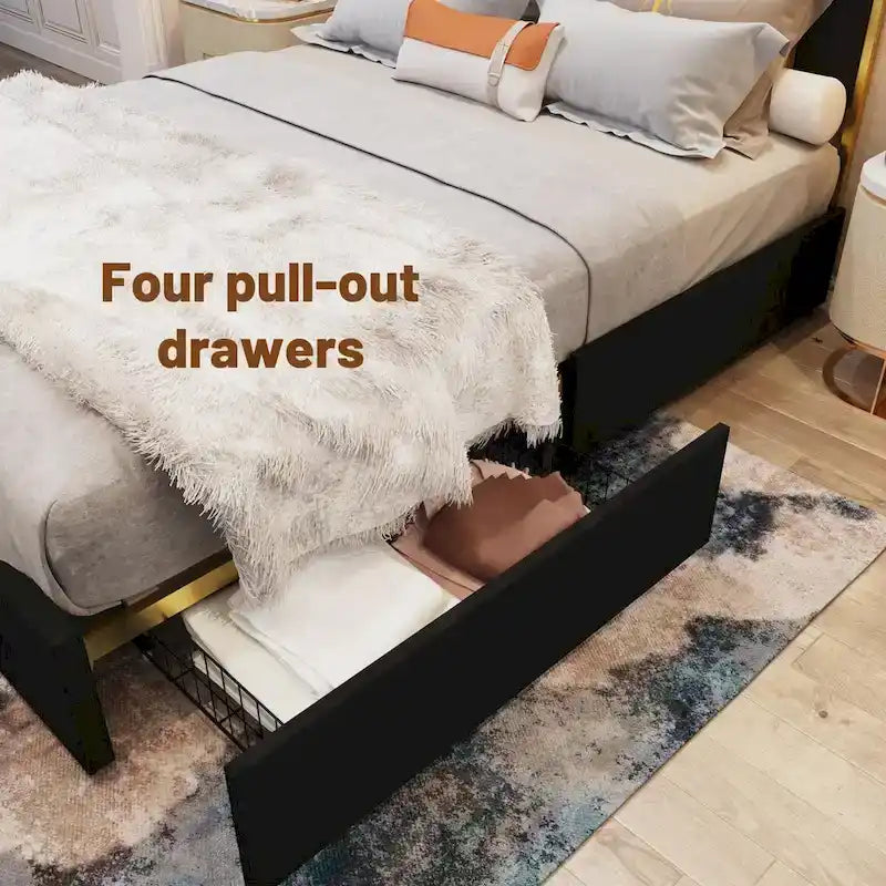 Cadre de lit Queen Size rembourré avec tête de lit de 150 cm et garniture plaquée or