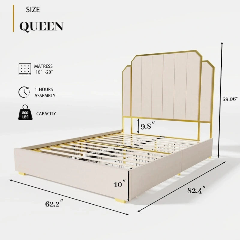 Cadre de lit Queen Size rembourré avec tête de lit de 150 cm et garniture plaquée or