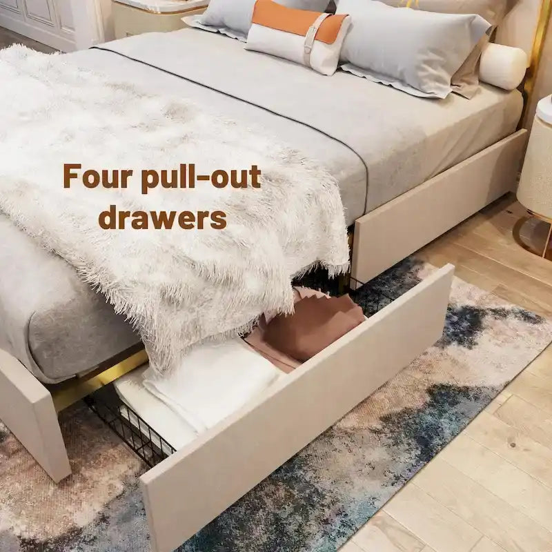 Cadre de lit Queen Size rembourré avec tête de lit de 150 cm et garniture plaquée or